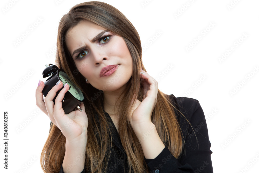 Portrait of caucasian Female Checking Time with Big clock. Against White. Portrait of caucasian Female Checking Time with Big clock. Against White.