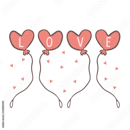 Red cartoon heart shaped balloons with love letteri. Hand drawn illustration. Cute kawaii style floating party confetti. St Valentines Day, weddings, birthday or new babay banner. photo