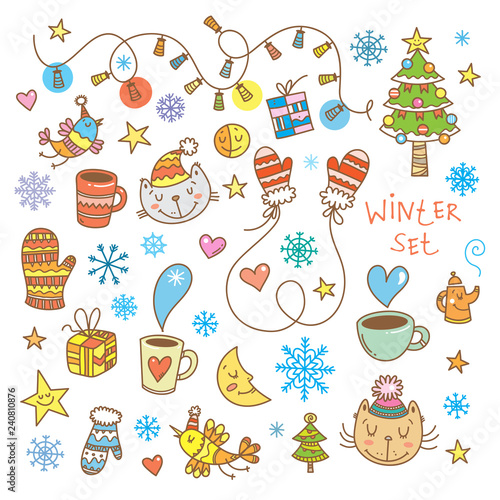 Winter doodle set with cute cartoon cats, birds and snowflakes on white  background. Snowy weather. Funny kittens. Animals  in clothes. Vector image. Children's illustration.