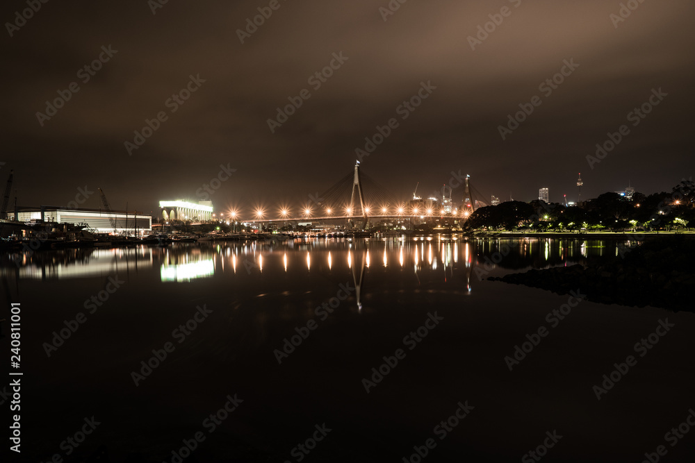 night view of the city with bridge and reflections