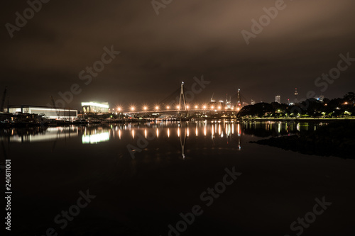 night view of the city with bridge and reflections