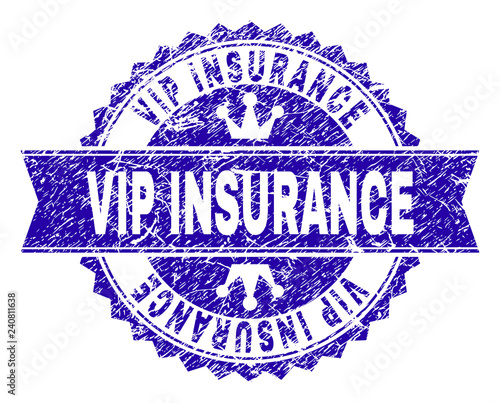 VIP INSURANCE rosette seal watermark with distress texture. Designed with round rosette, ribbon and small crowns. Blue vector rubber watermark of VIP INSURANCE text with retro texture.