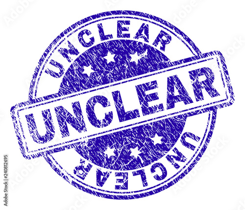UNCLEAR stamp seal watermark with grunge texture. Designed with rounded rectangles and circles. Blue vector rubber print of UNCLEAR caption with grunge texture.