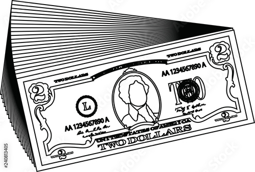 Bunch of 2 US dollar banknote outline