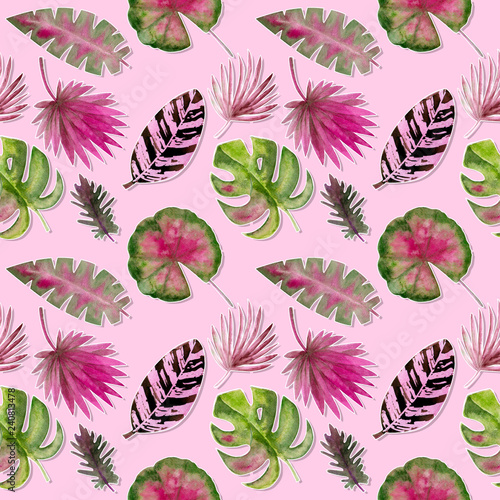 Seamless pattern. Tropical leaves watercolor background.. Tropical leaves watercolor background. Flower illustrations.