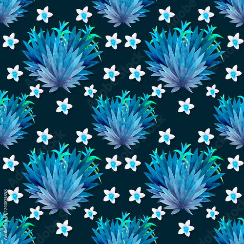 Seamless pattern. Tropical leaves watercolor background.. Tropical leaves watercolor background. Flower illustrations.