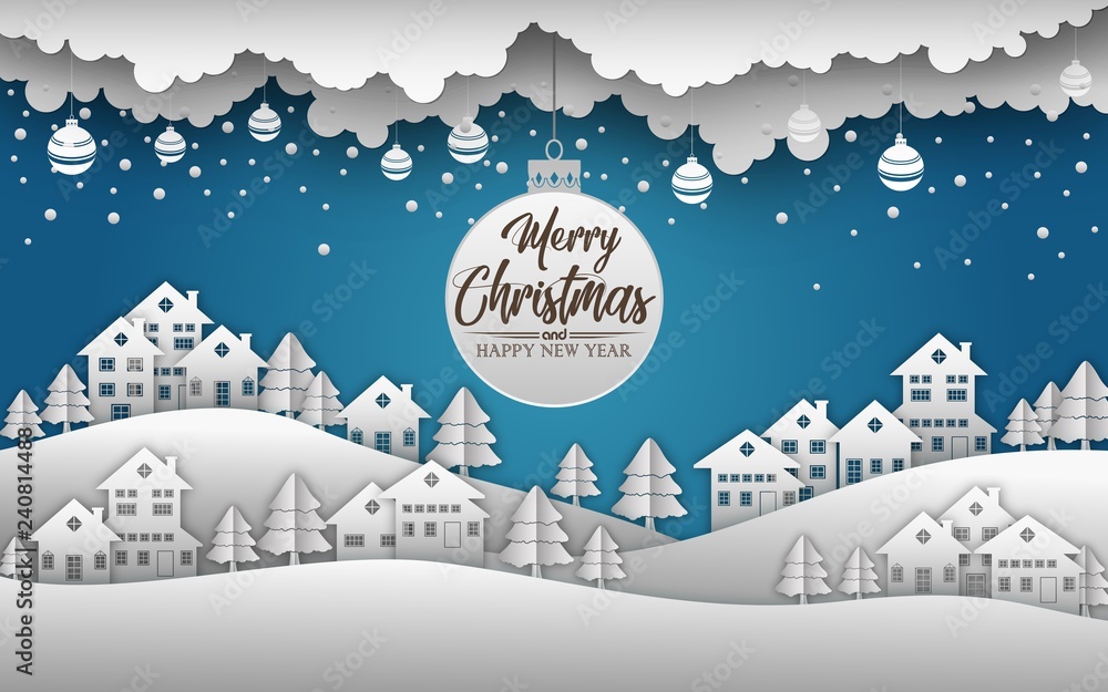 Merry Christmas and Happy New Year 2019 and snow blue background
