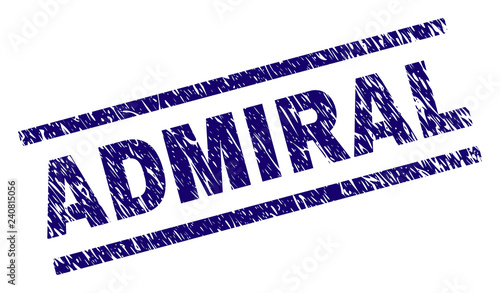 ADMIRAL seal print with grunge style. Blue vector rubber print of ADMIRAL caption with grunge texture. Text title is placed between parallel lines.