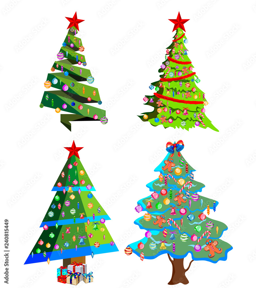 Star decorations, balls and light chains decorated Christmas trees with lots of gift boxes.