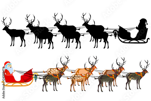Santa Claus on a sleigh with reindeer, with a handful of gifts. Silhouette of santa claus.