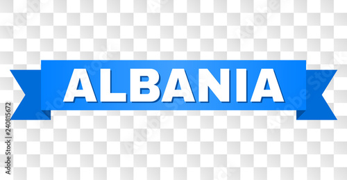 ALBANIA text on a ribbon. Designed with white title and blue tape. Vector banner with ALBANIA tag on a transparent background.