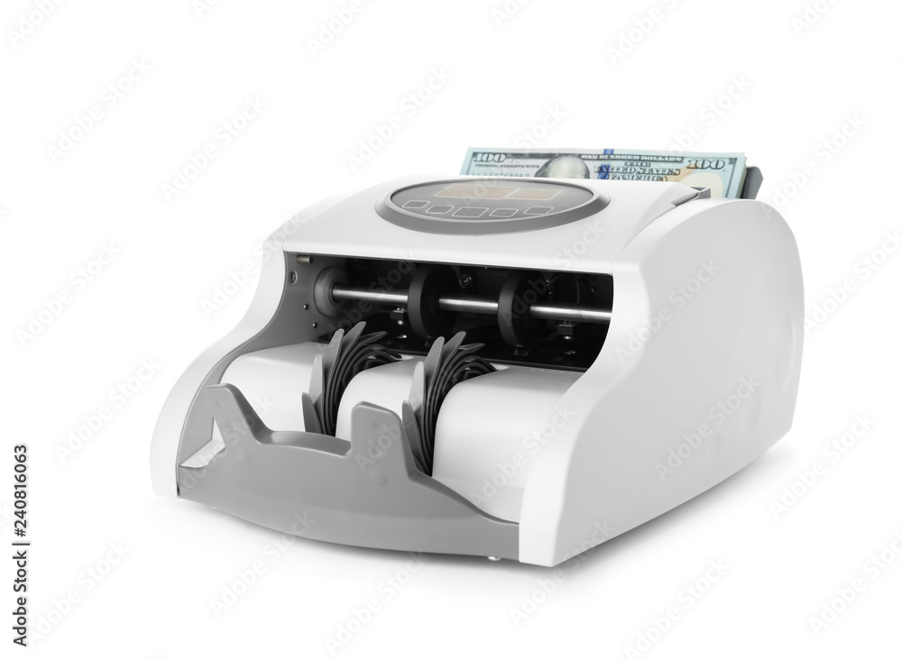 Modern electronic bill counter with money on white background Modern electronic bill counter with money on white background