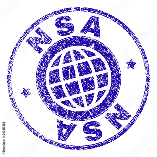 NSA stamp imprint with grunge texture. Blue vector rubber seal imprint of NSA caption with grunge texture. Seal has words arranged by circle and globe symbol.