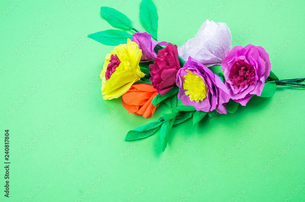 tools making crepe paper flowers green background tools making crepe paper flowers green background