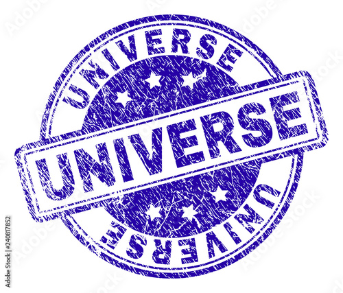 UNIVERSE stamp seal imprint with distress texture. Designed with rounded rectangles and circles. Blue vector rubber print of UNIVERSE caption with dirty texture.