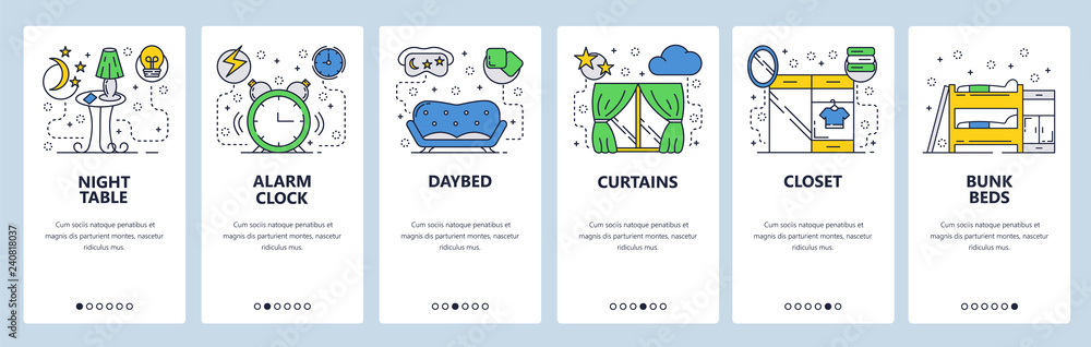 Naklejka premium Web site onboarding screens. Room interior, sofa, curtains, bed and closet. Menu vector banner template for website and mobile app development. Modern design linear art flat illustration.