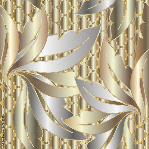 Luxury textured 3d gold silver Baroque vector seamless pattern. Ornamental surface grid lattice striped background. Repeat floral leafy backdrop. Antique style modern baroque ornament. Vintage leaves