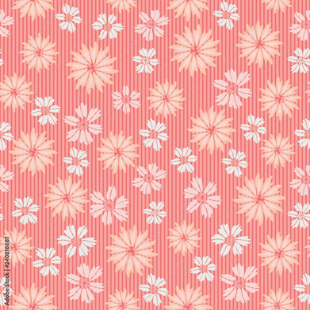 Beautiful peach and white flowers on a coral background make this a pretty pattern for spring and summer occasions. Seamless vector design, great for birthday, showers, parties, weddings and textiles. Beautiful peach and white flowers on a coral background make this a pretty pattern for spring and summer occasions. Seamless vector design, great for birthday, showers, parties, weddings and textiles.