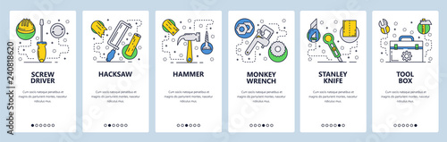 Web site onboarding screens. Hardware repair tools, screw driver, handsaw, hammer, wrench. Menu vector banner template for website and mobile app development. Modern design linear art flat