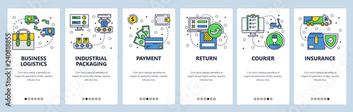 Web site onboarding screens. Business logistics, packaging and delivery. Menu vector banner template for website and mobile app development. Modern design linear art flat illustration.