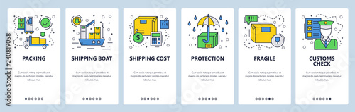 Web site onboarding screens. Worldwide delivery, cargo ship and custom. Menu vector banner template for website and mobile app development. Modern design linear art flat illustration.