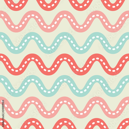 Energetic wavy stripes in coral, peach and turquoise on a light background. Seamless vector pattern, perfect for home decor, textiles, fashion, birthday party decorations and invitations and paper.
