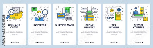 Web site onboarding screens. Delivery and shipping service. Post office. Menu vector banner template for website and mobile app development. Modern design linear art flat illustration.