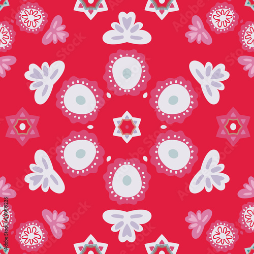 Bold, seamless ornamental mandala pattern in red and white. Vector design, good for textiles, fashion, home decor, and wallpaper. Folk art look gives the pattern a homespun feel.