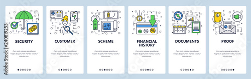 Web site onboarding screens. Loan interest rate, customer review. Menu vector banner template for website and mobile app development. Modern design linear art flat illustration.