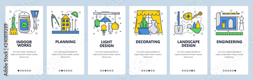 Web site onboarding screens. House construction plan, building decoration and repair. Menu vector banner template for website and mobile app development. Modern design linear art flat illustration.