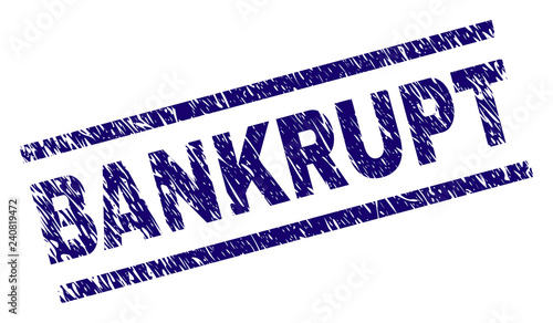 BANKRUPT seal print with distress style. Blue vector rubber print of BANKRUPT text with grunge texture. Text caption is placed between parallel lines.