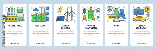 Web site onboarding screens. Green and renewable energy. Power station and zero emission. Menu vector banner template for website and mobile app development. Modern design linear art flat illustration