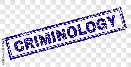 CRIMINOLOGY stamp seal print with rubber print style and double framed rectangle shape. Stamp is placed on a transparent background. Blue vector rubber print of CRIMINOLOGY title with retro texture.