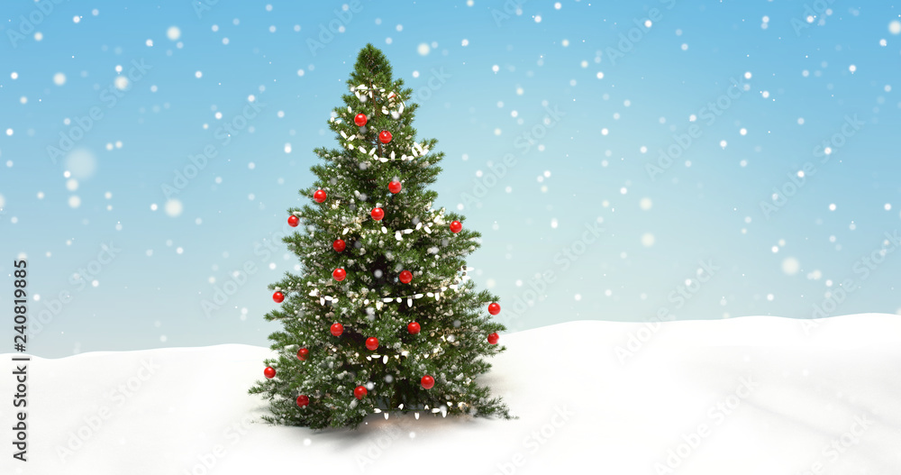Christmas tree fir with baubles snowflakes background 3d-illustration