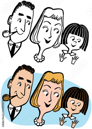 A cartoon of a family with a father mother and daughter