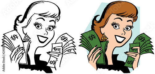 A happy woman holding handfuls of dollar bills.