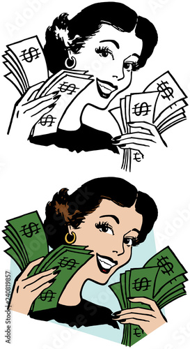 A happy woman holding handfuls of dollar bills.