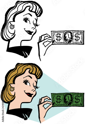 A smiling woman holding a dollar bill. 