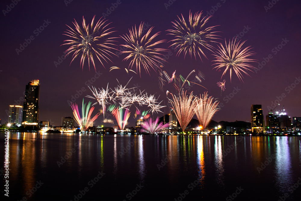 Obraz premium Colorful of fireworks in Happy New Year 2019 holiday festival