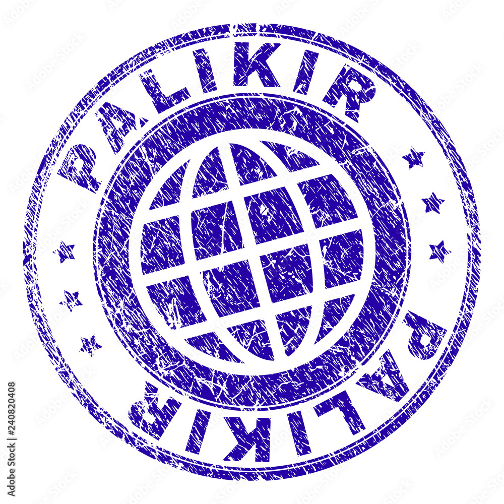 PALIKIR stamp imprint with grunge texture. Blue vector rubber seal imprint of PALIKIR title with unclean texture. Seal has words arranged by circle and planet symbol.