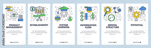 Web site onboarding screens. Learning, information. Menu vector banner template for website and mobile app development. Modern design linear art flat illustration.