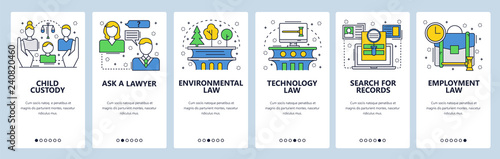 Web site onboarding screens. Family, technology, environmental law, court records. Menu vector banner template for website and mobile app development. Modern design linear art flat illustration.