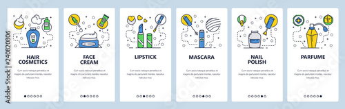 Web site onboarding screens. Beauty salon cosmetic products. Face cream, hair shampoo, lipstick, mascara. Menu vector banner template for website and mobile app development. Modern design linear art
