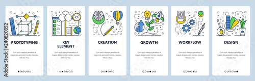 Web site onboarding screens. 3d modeling, prototyping, growth and design workflow. Menu vector banner template for website and mobile app development. Modern design linear art flat illustration.