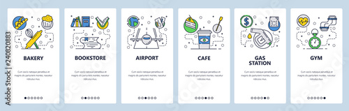 Web site onboarding screens. Bakery, bookstore, airport, cafe, gas station and gym icons. Menu vector banner template for website and mobile app development. Modern design linear art flat illustration