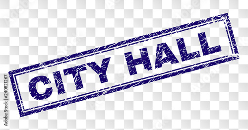 CITY HALL stamp seal print with rubber print style and double framed rectangle shape. Stamp is placed on a transparent background. Blue vector rubber print of CITY HALL text with unclean texture.