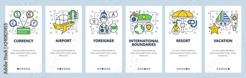 Web site onboarding screens. International travel and sea beach resort vacation. Menu vector banner template for website and mobile app development. Modern design linear art flat illustration.