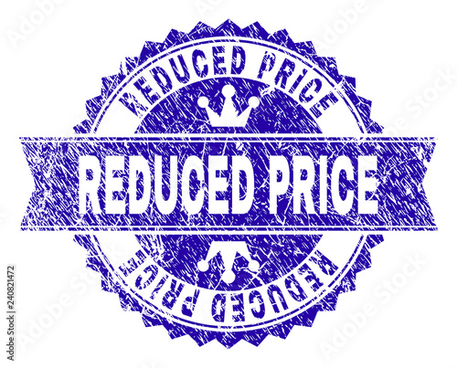 REDUCED PRICE rosette stamp seal watermark with distress effect. Designed with round rosette, ribbon and small crowns. Blue vector rubber watermark of REDUCED PRICE caption with corroded style.