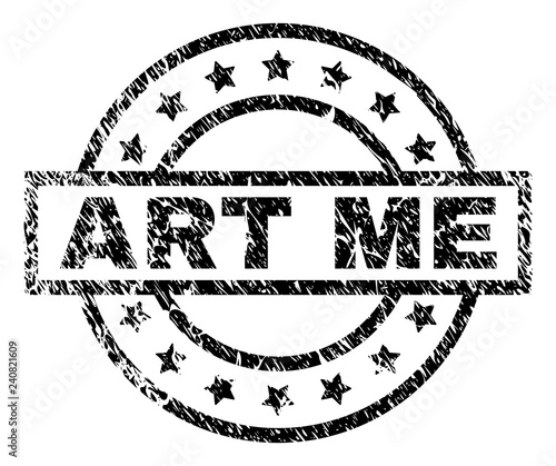 ART ME stamp seal watermark with distress style. Designed with rectangle, circles and stars. Black vector rubber print of ART ME tag with unclean texture.