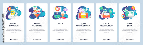 Web site onboarding screens. Computer and internet services, cloud storage and data sync. Menu vector banner template for website and mobile app development. Modern design linear art flat illustration